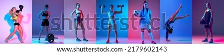 Female sports. Collage of professional athletes on gradient neoned background. Concept of motion, action, active lifestyle, ad. Kickboxing, fitness, weightlifting, soccer, gymnastics and basketball