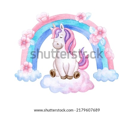 cartoon unicorn on clouds with flowers isolated on white background. Watercolor, illustration, clipart, Template