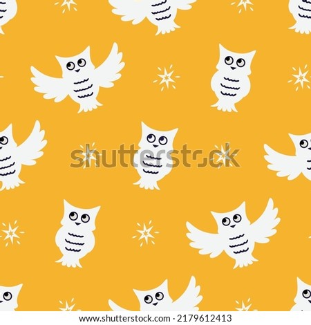 Simple seamless pattern with cute silhouette owls on yellow background. Print for wrapping paper, fabric, kid clothes. Vector illustration