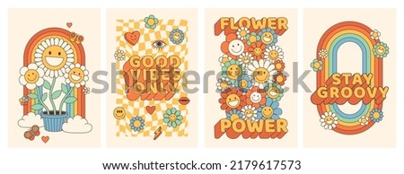 Groovy hippie 70s posters. Funny cartoon flower, rainbow, love, daisy etc. Vector cards in trendy retro psychedelic cartoon style. Vector backgrounds. Flower power. Stay groovy. Good vibes. Royalty-Free Stock Photo #2179617573