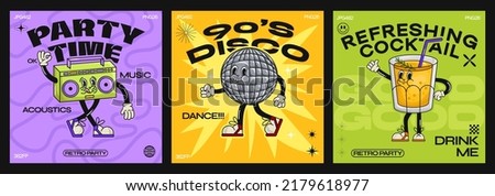 Cartoon characters retro disco 90s.Fashion poster. funny colorful characters in doodle style, disco ball, vinyl, tape recorder, cocktail. Vector illustration with typography elements Royalty-Free Stock Photo #2179618977