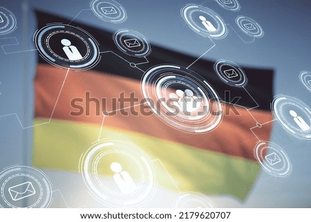 Abstract virtual social network concept on flag of Germany and sunset sky background. Multiexposure