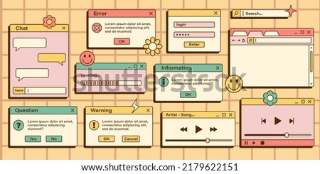 Vector set of retro vaporwave computer interface. Vintage browser and dialog window templates. Vector illustration of nostalgic UI and UX. Royalty-Free Stock Photo #2179622151