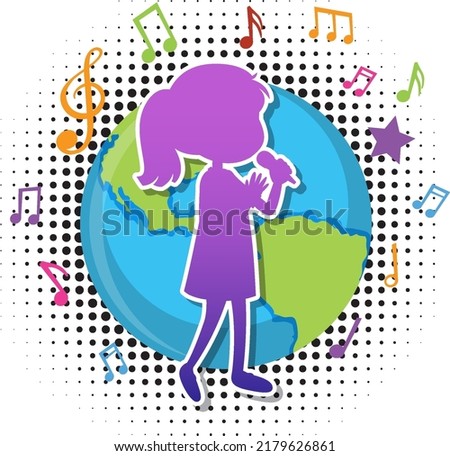 Silhouette girl singing on earth planet illustration