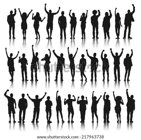 Silhouette Group of People Standing and Celebration Royalty-Free Stock Photo #217963738