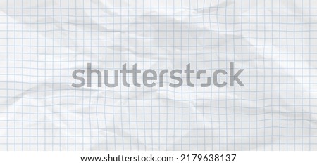 Crumpled blue checkered paper texture realisric vector illustration. White blank notebook sheet with grid, wrinkle and crease effect, note page mock up, educational template Royalty-Free Stock Photo #2179638137