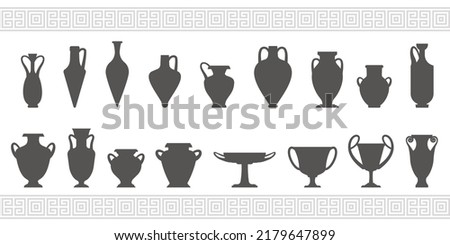 Greek vases silhouettes. Ancient amphoras and pots glyph illustration. Clay ceramic earthenware. Vector. Royalty-Free Stock Photo #2179647899