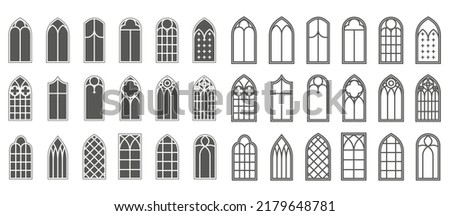 Church windows set. Silhouettes of gothic arches in line and glyph classic style. Old cathedral glass frames. Medieval interior elements. Vector Royalty-Free Stock Photo #2179648781