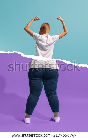 Collage with beautiful thin girl with body of plus-size woman isolated on colorful background. Beauty, fashion, weight loss, fitness, healthy eating, motivation concept. Poster for ad Royalty-Free Stock Photo #2179658969