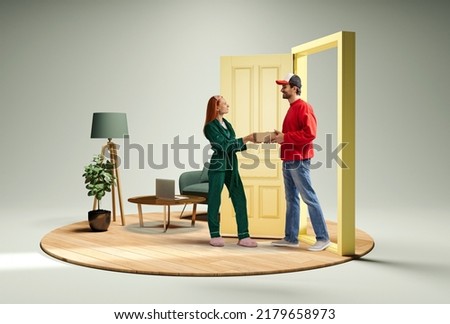 Creative collage with photo and 3d illustration of living room interior and young woman receiving box from delivery man, courier at the door. Online shopping and delivery service.