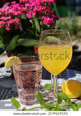 Non-alcoholic drinks on a table. Colorful summer cocktails. Healthy living concept. 