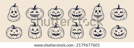 12 Halloween pumpkin icons set. Vintage funny pumpkins isolated on white background. Monsters faces. Design elements for logo, badges, banners, labels, posters. Vector illustration