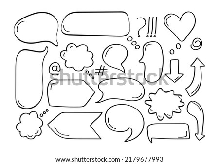 Comic speech bubbles set vector in hand drawn style. Comic sketch explosions on a white background. Empty speech balloons in line style. Massages and talk signs for app, web.