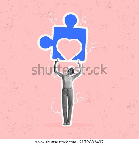 Conceptual image with young girl holding huge drawn piece of puzzle isolated over pink background. Concept of self-knowledge, love, hope concept. Contemporary art collage. Magazine style