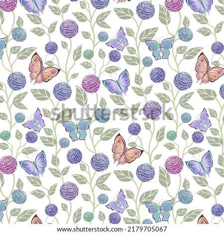 Pattern with abstract flowers and butterflies.Abstract flowers and butterflies on a transparent background in a seamless vector pattern.