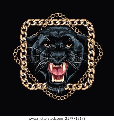 angry panther in gold chrome lace frame on black background vector illustration