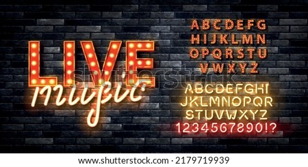 Vector realistic isolated retro marquee billboard with electric light lamps of Live Music logo with alphabet font on the wall background. Royalty-Free Stock Photo #2179719939
