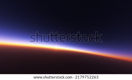 Twighlight planet over stratosphere space ,surface fill with clouds. took from 3D Simulation. Royalty-Free Stock Photo #2179752263