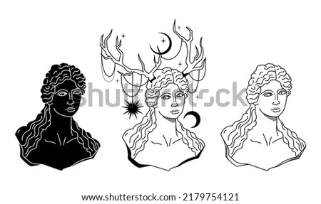 Mystical Goddess ancient greek statue with horns, vector black white celestial greek bust silhouettes, antique magic sculptures, fantasy hand drawn isolated clip art