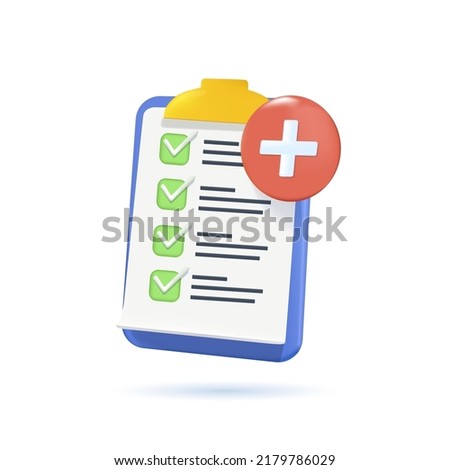 Medical icon. 3D checklist illustration. Healthcare and health. Health check symbol vector. medical check form report, health checkup concept clipboard. Health insurance, medical history. 3D render