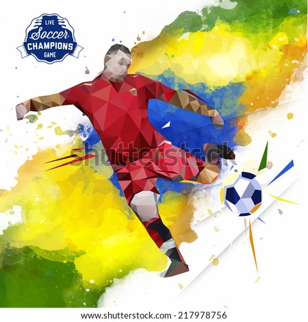 Vector concept of watercolors and geometrical figures footballer. Creative soccer design with labels for you.