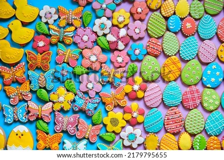 Easter Homemade Gingerbreads. Funny Chiken, Flowers, Butterflies and Eggs Cookies. Table Top View Royalty-Free Stock Photo #2179795655