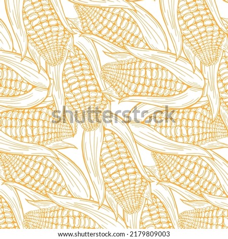Natural seamless pattern with cobs of sweet corn hand drawn with contour lines on light background. Monochrome backdrop with corncobs. Vector illustration for textile print. wrapping paper, wallpaper Royalty-Free Stock Photo #2179809003