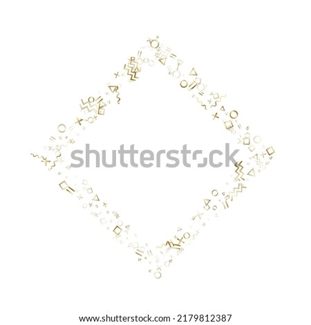 Memphis style gold geometric confetti vector background with triangle, circle, square shapes, chevron and wavy line ribbons. Retro 90s style bauhaus gold yellow party confetti flying on white.