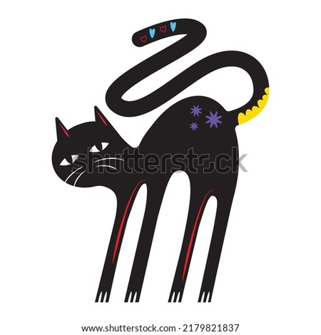 Creative funny cat illustration with colorful decorations, Sketchy black cat on a white background. Animal and wildlife symbols. Black Cats - Halloween - Vector Image EPS 10