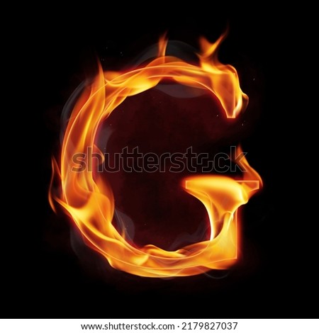 Fire alphabet letter "G" made of fire flames, with red smoke behind, hot metal font in flames, isolated on black Royalty-Free Stock Photo #2179827037
