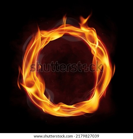 Fire alphabet letter "O" made of fire flames, with red smoke behind, hot metal font in flames, isolated on black
