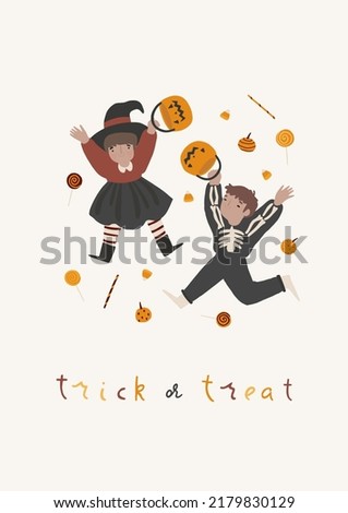 Girl and boy disguised in funny and scary costumes for Halloween party. Happy children dressed in carnival clothes. Cute kids in festival outfit trick or treat. Vector flat cartoon style illustration