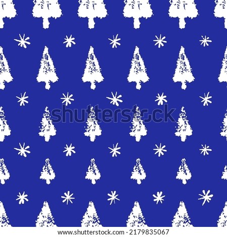 Small white ink Christmas trees and snowflakes isolated on blue background. Cute monochrome seamless pattern. Vector simple flat graphic hand drawn illustration. Texture.