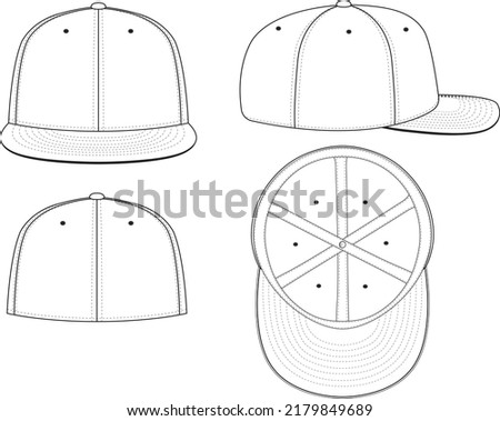 Fitted Cap Hat Vector Technical Drawing Illustration Blank Streetwear Mock-up Template for Design and Tech Packs CAD Brim Baseball Hat