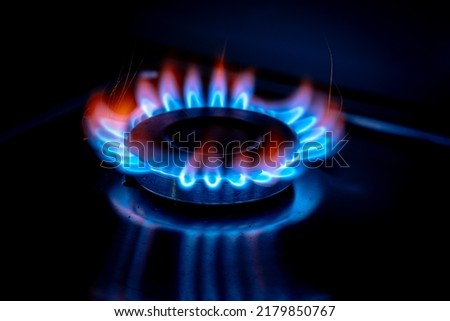 Gas cooktop burning gas stove with blue flame Royalty-Free Stock Photo #2179850767