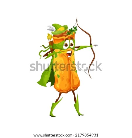 Cartoon Mexican enchilada defender character, vector kids hero personage. Funny cute Mexican enchilada archer guardian, defender and rescue ranger in with arrow bow and green hat with mask