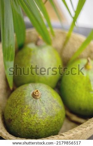 Organic farm avocado in straw basket on wooden table closeup. Fresh ripe green exotic fruits full of healthy nutriment vegetarian eating. Three tropical edible plant with twig for guacamole cooking Royalty-Free Stock Photo #2179856517