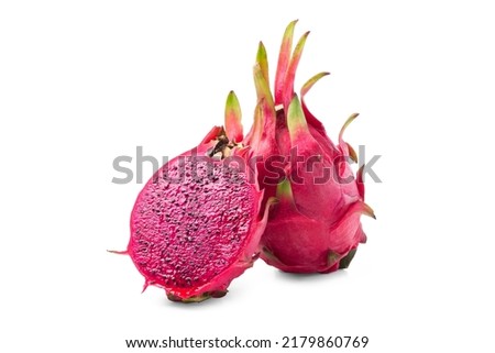 ripe red dragon fruit with half isolated on white.