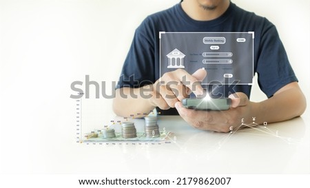 The person on the right is using a smartphone to log in to Mobile Banking for online financial transactions. Polygon graph money connected with different currencies on white background.