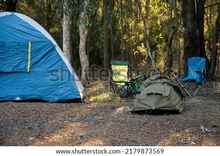 Blue tent, swag and camping chairs at the campsite in the forest bush. Camping lifestyle Royalty-Free Stock Photo #2179873569
