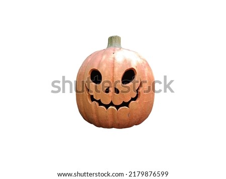 Pumpkin carved with orange man's face decorated for Halloween on white.