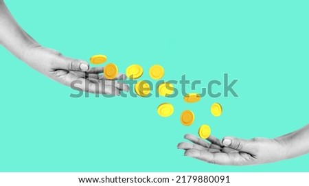 Modern collage art money wealth, income, profit and savings concept. Contemporary art collage with male hand donation golden coins isolated on green background.ad, offering lend.money income.cash lend Royalty-Free Stock Photo #2179880091