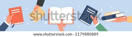 Set of hand giving book. People holding colorful paper manuals in their palms. Exchange literature. Banner for bookcrossing advertising. Cartoon flat vector collection isolated on white background