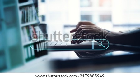 Data Search Technology, Search Engine Optimization SEO. Business man's hands  using laptop computer, typing on keyboard to Search the information, e-learning