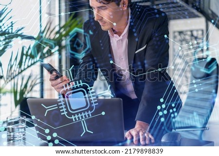 Businessman in suit using smart phone to optimize development by implying new technologies in business process. Interconnections and hi tech hologram over modern panoramic office background.