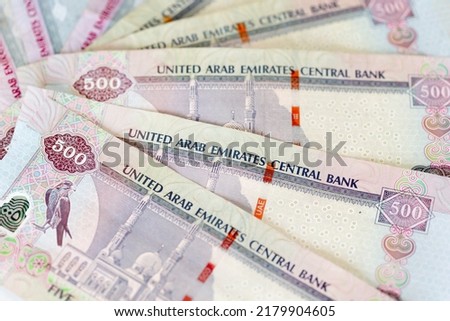 Five hundred dirhams banknotes, UAE dirhams, paper money, closeup view. High quality photo.