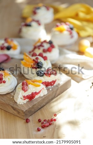 Dessert Pavlova. Delicious and beautiful breakfast. High quality photo