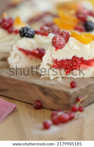 Dessert Pavlova. Delicious and beautiful breakfast. High quality photo