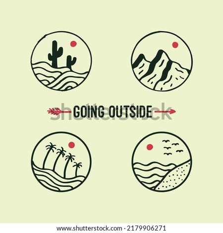 Hand drawn set of mountain, cactus, sea, beach, palm, island, and pine nature outdoor badge adventure  logo illustration template