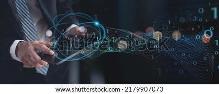 Digital transformation, technology era, abstract tech background, metaverse. Man using digital tablet with future technology, IoT internet of things future AI technology smart device social network Royalty-Free Stock Photo #2179907073